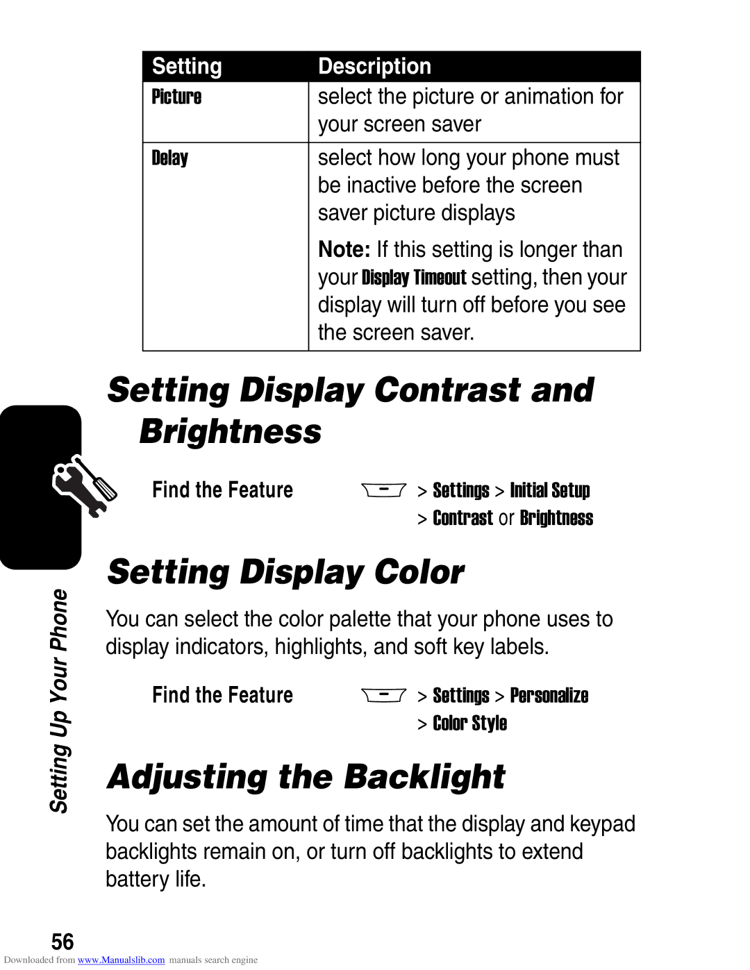 Motorola A845 3G manual Setting Display Contrast and Brightness, Setting Display Color, Adjusting the Backlight 