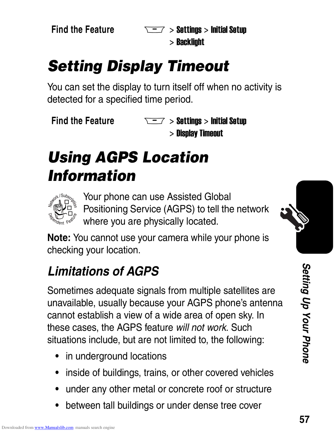 Motorola A845 3G manual Setting Display Timeout, Using Agps Location Information, Limitations of Agps 