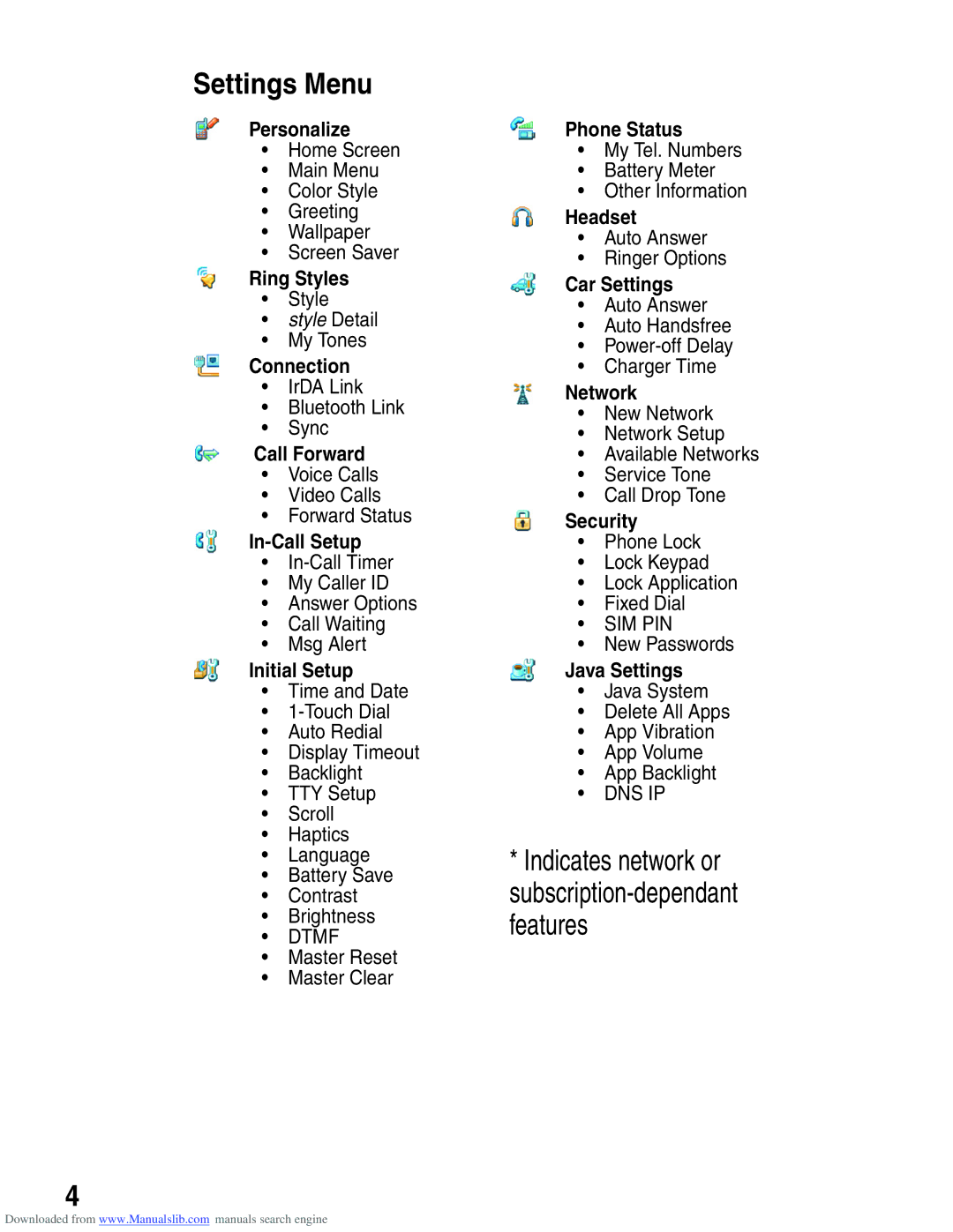 Motorola A845 3G manual Settings Menu, Initial Setup 