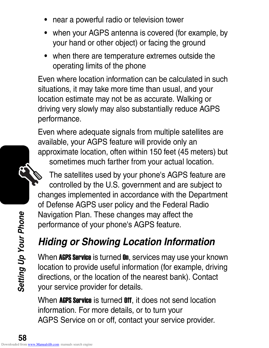 Motorola A845 3G manual Hiding or Showing Location Information, Near a powerful radio or television tower 