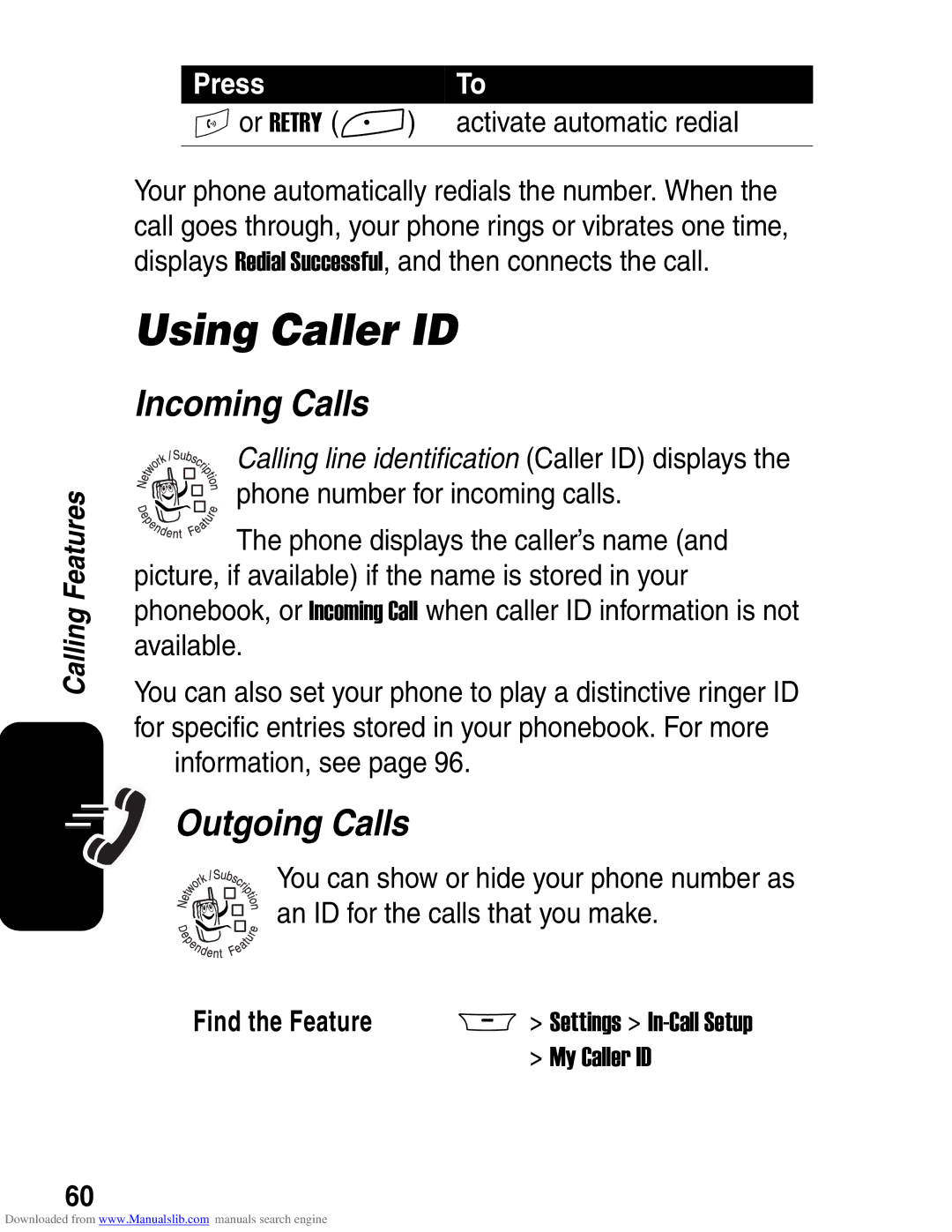 Motorola A845 3G manual Using Caller ID, Incoming Calls, Outgoing Calls 