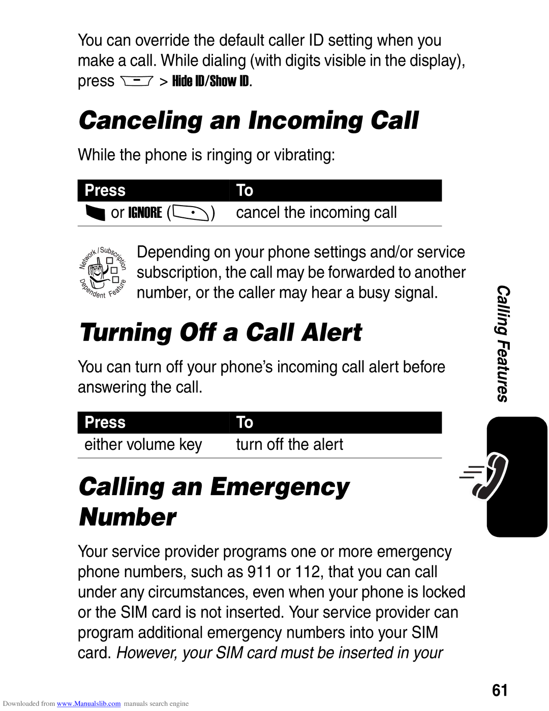 Motorola A845 3G manual Canceling an Incoming Call, Turning Off a Call Alert, Calling an Emergency Number 