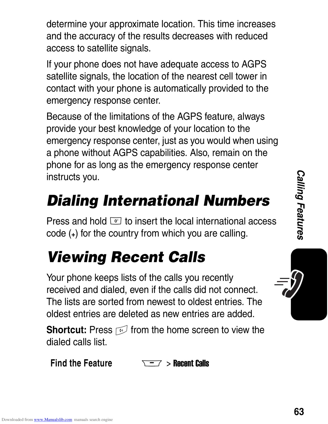 Motorola A845 3G manual Dialing International Numbers, Viewing Recent Calls 