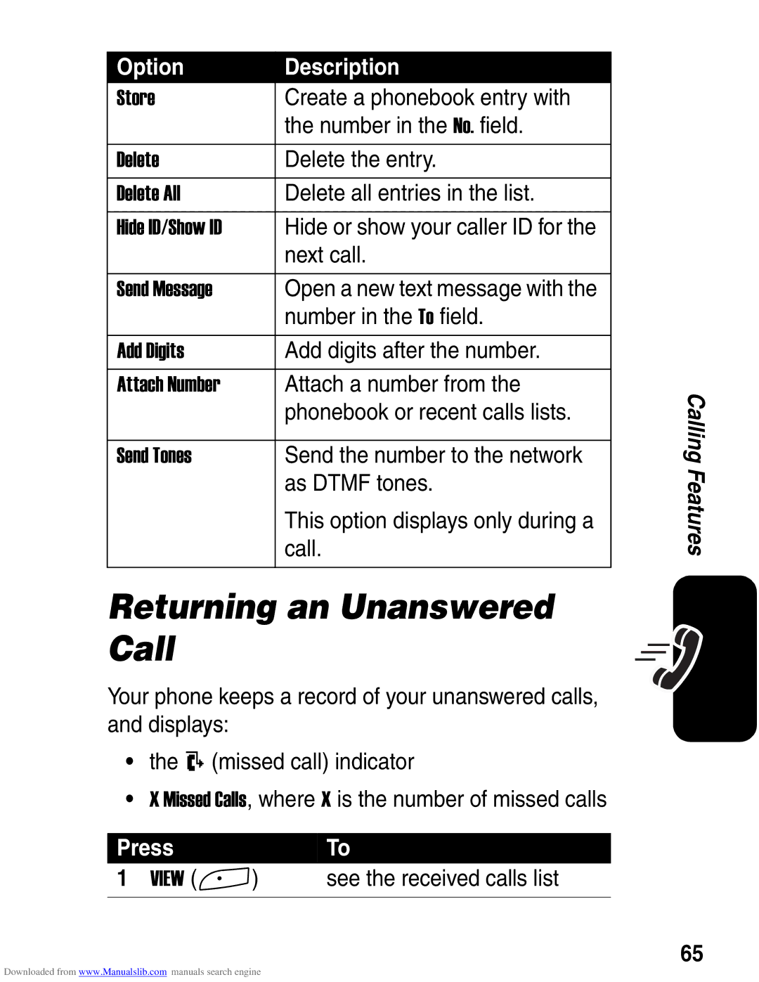 Motorola A845 3G manual Returning an Unanswered Call 