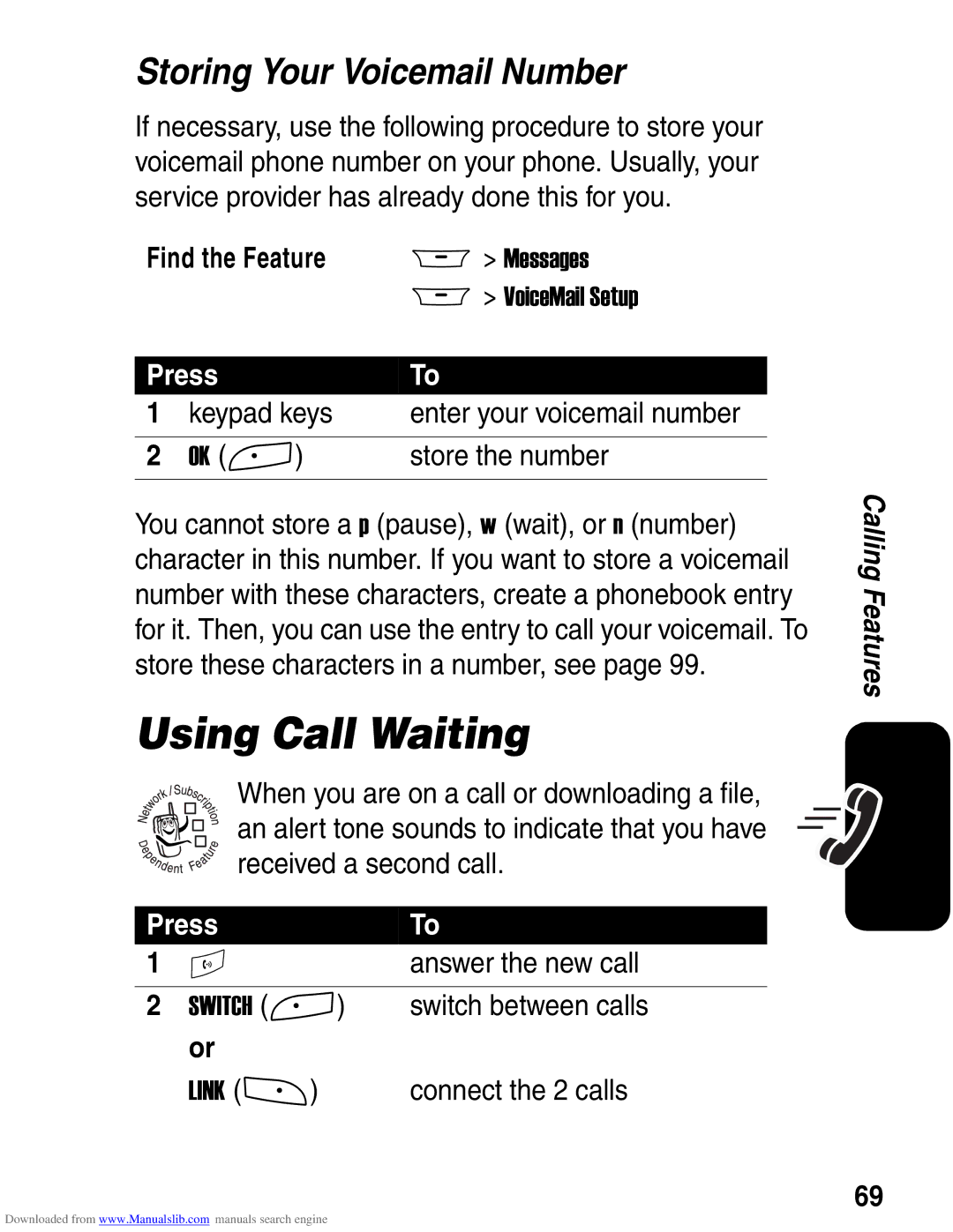 Motorola A845 3G manual Using Call Waiting, Storing Your Voicemail Number 