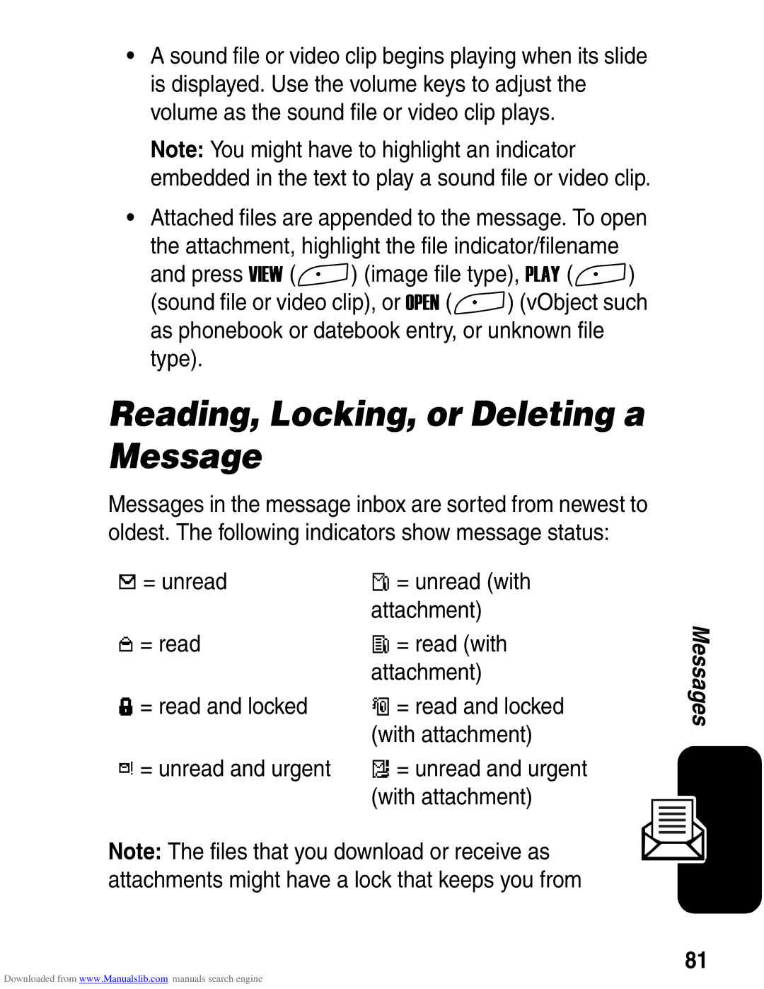 Motorola A845 3G manual Reading, Locking, or Deleting a Message, With attachment 