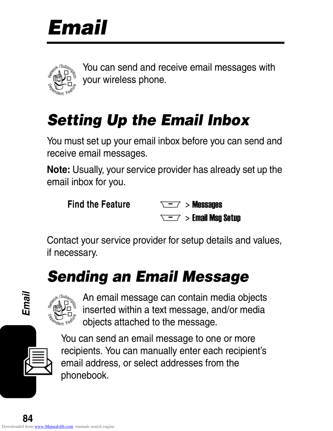 Motorola A845 3G manual Setting Up the Email Inbox, Sending an Email Message 