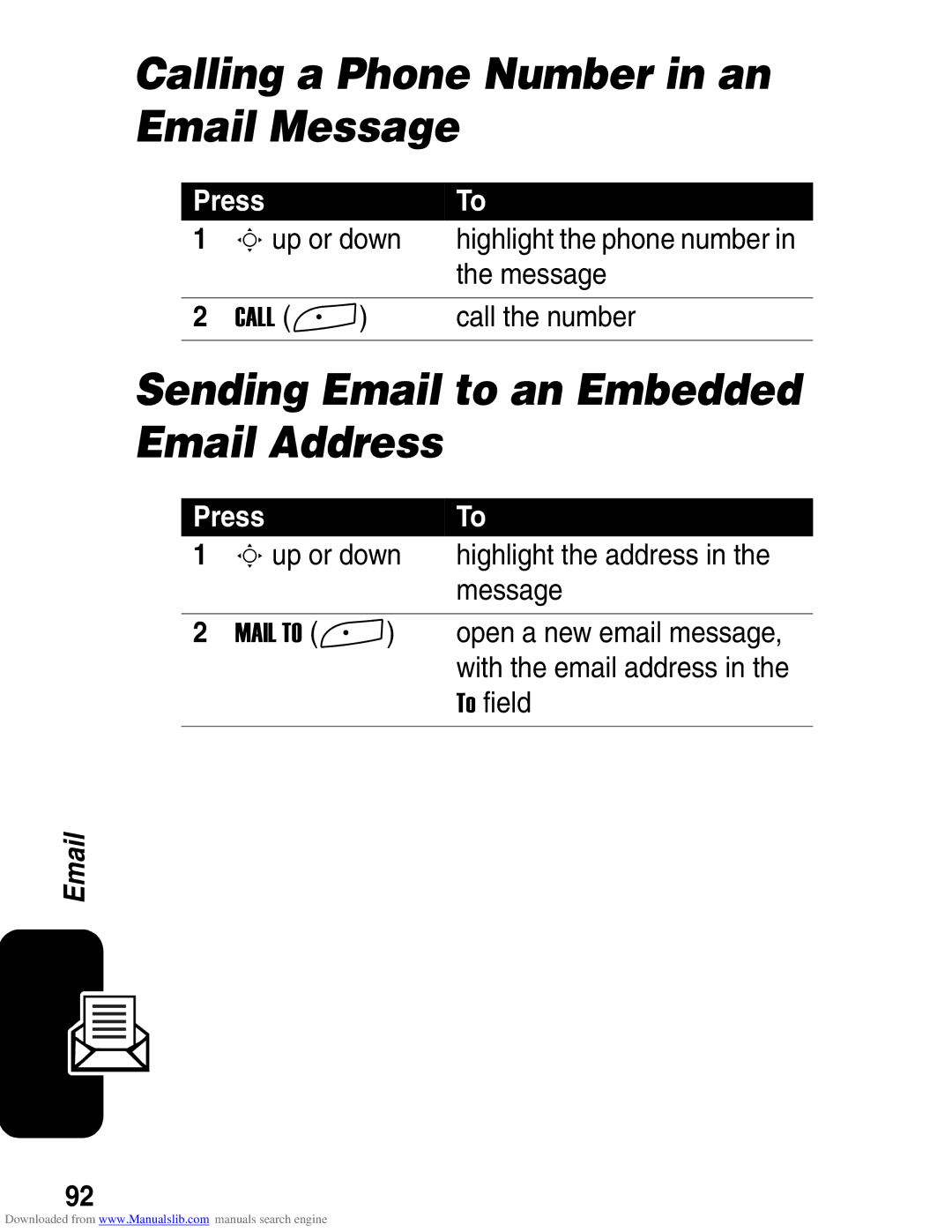 Motorola A845 3G manual Calling a Phone Number in an Email Message, Sending Email to an Embedded Email Address 