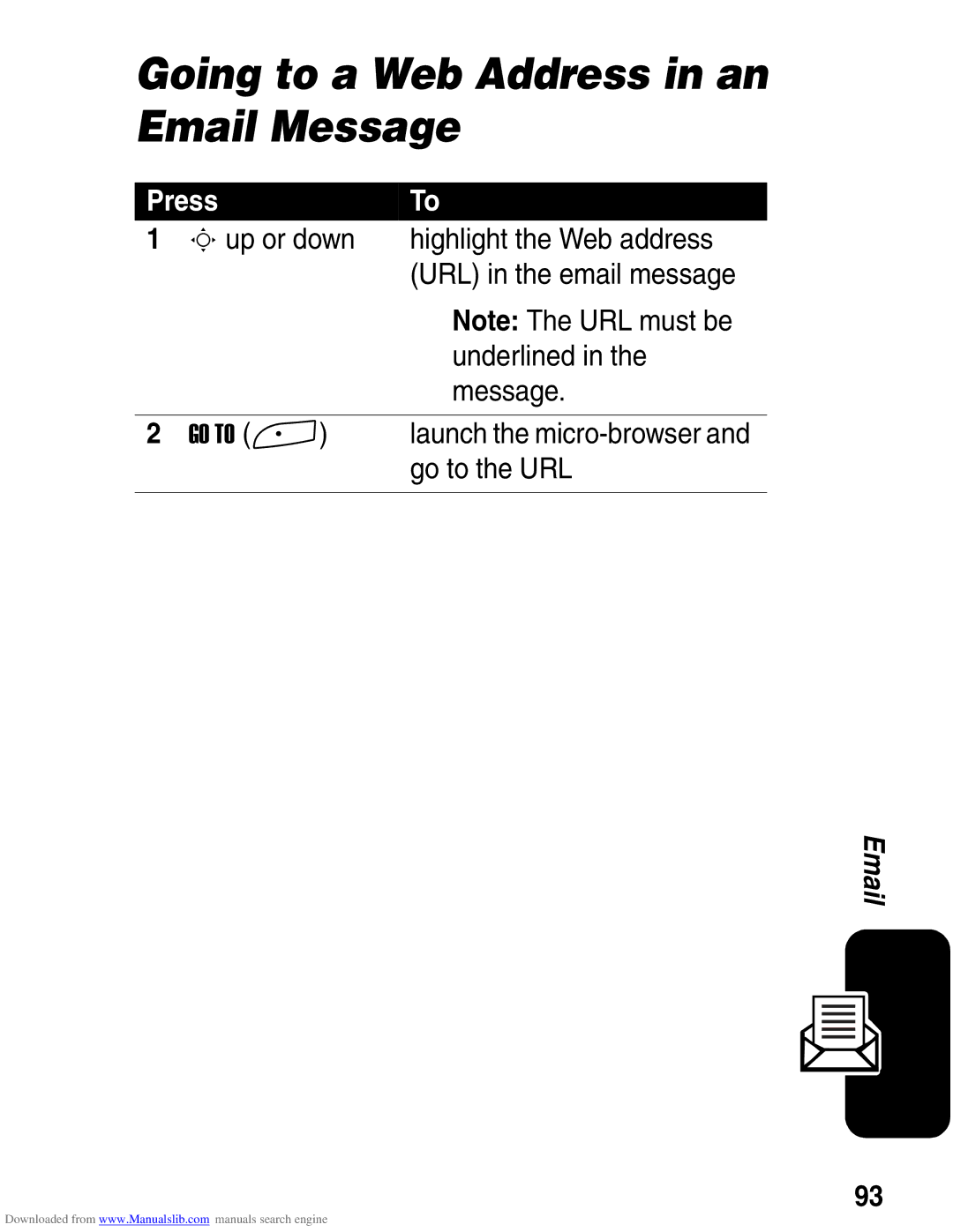 Motorola A845 3G manual Going to a Web Address in an Email Message, Sup or down Highlight the Web address, Underlined 