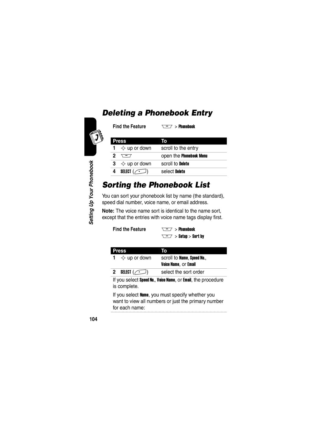 Motorola A845 manual Deleting a Phonebook Entry, Sorting the Phonebook List, 104 