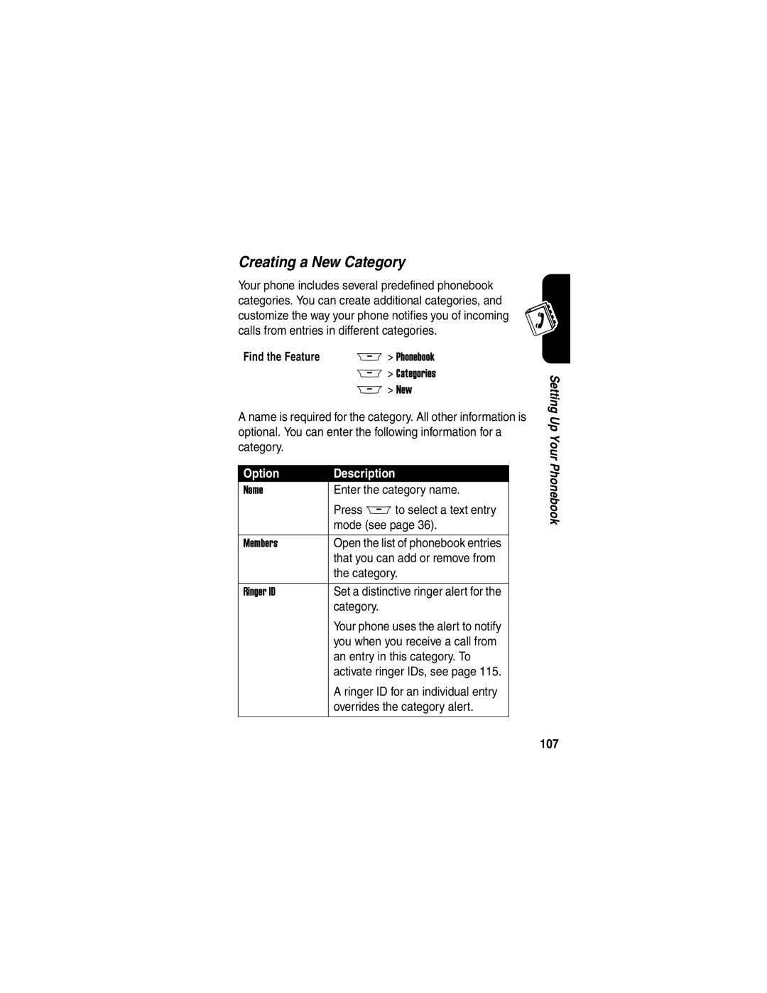 Motorola A845 manual Creating a New Category, 107 