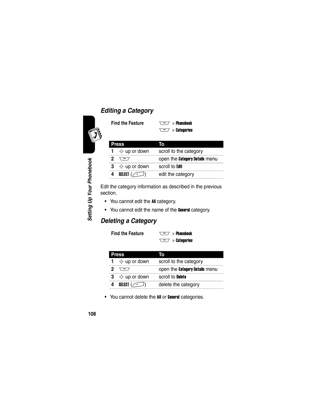 Motorola A845 manual Editing a Category, Deleting a Category, 108 