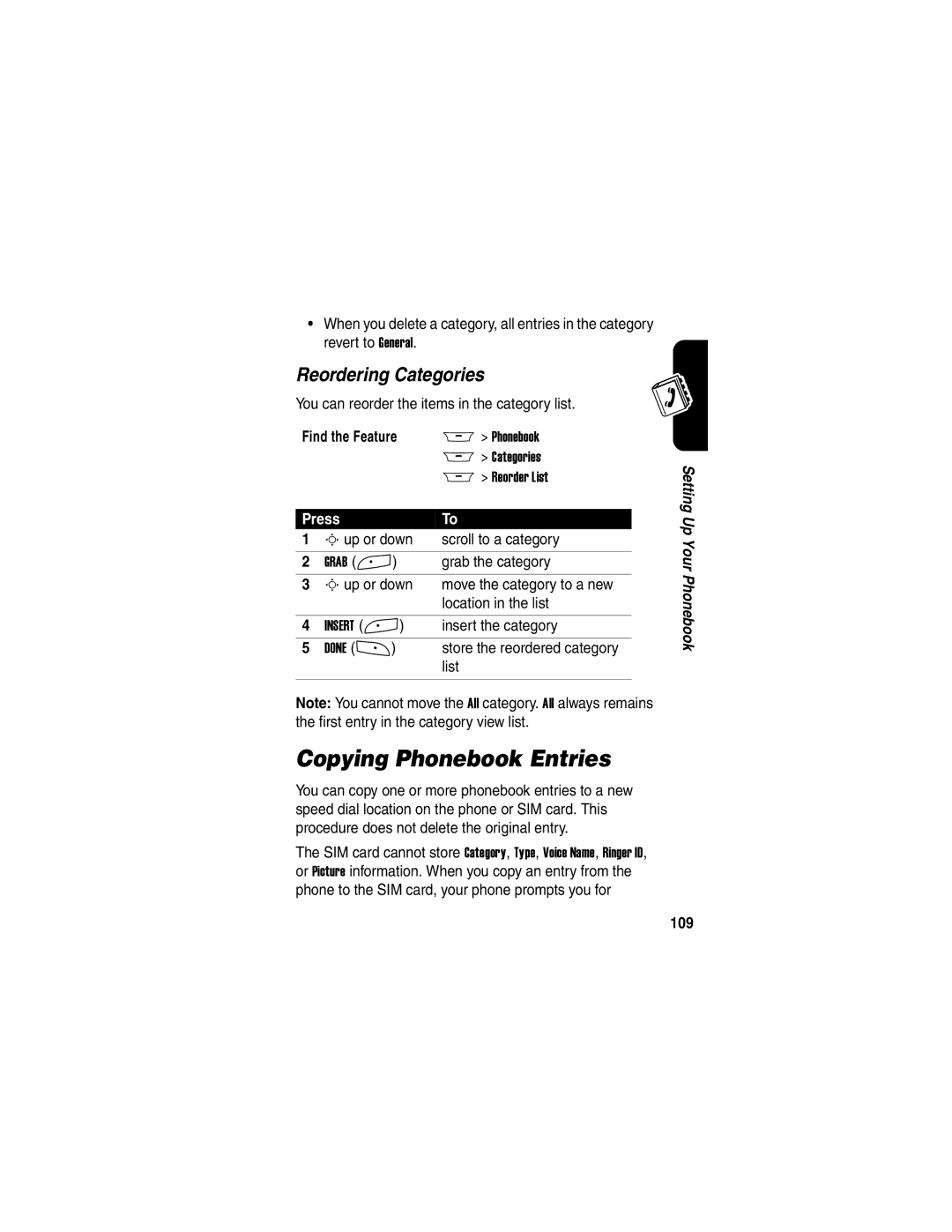 Motorola A845 manual Copying Phonebook Entries, Reordering Categories, 109 