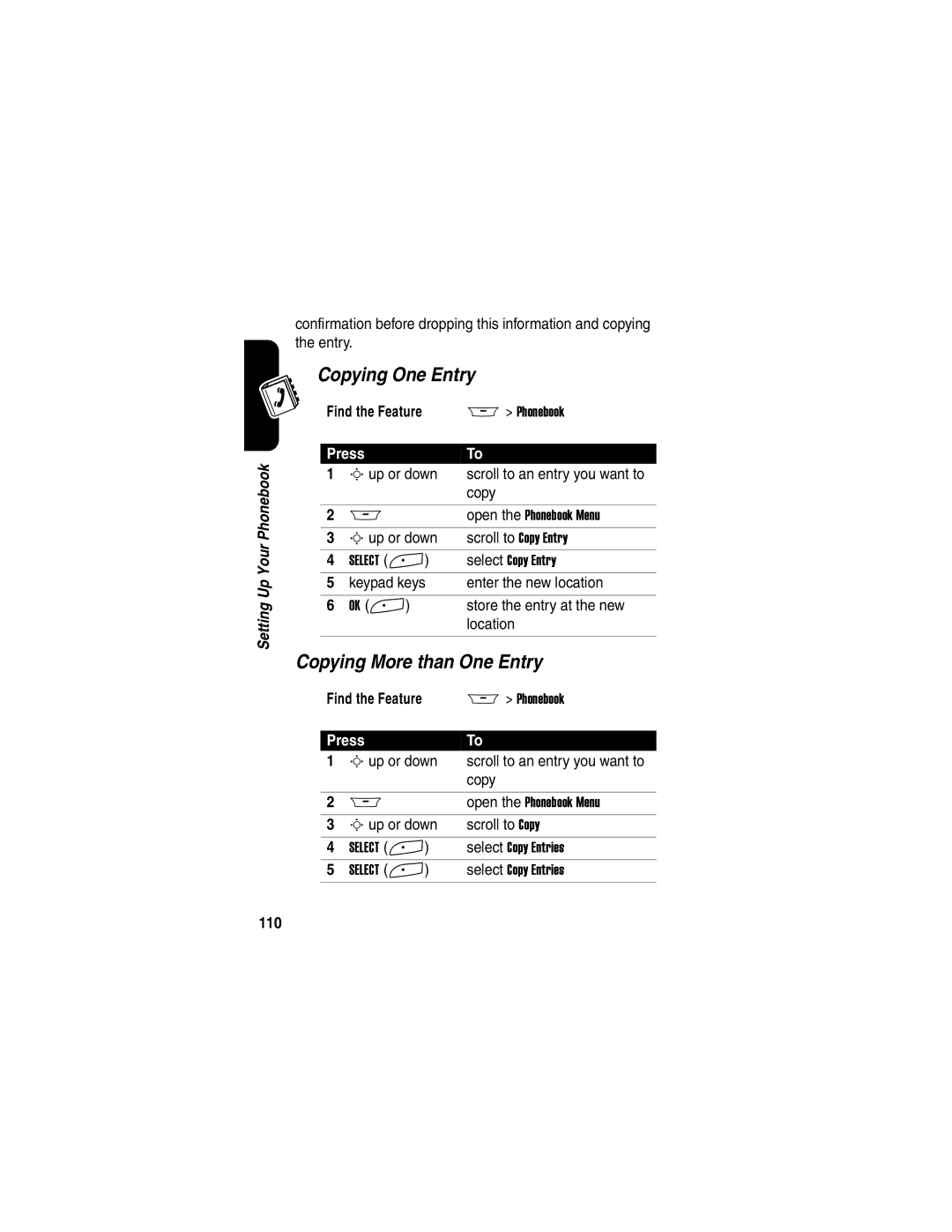 Motorola A845 manual Copying One Entry, Copying More than One Entry, 110 