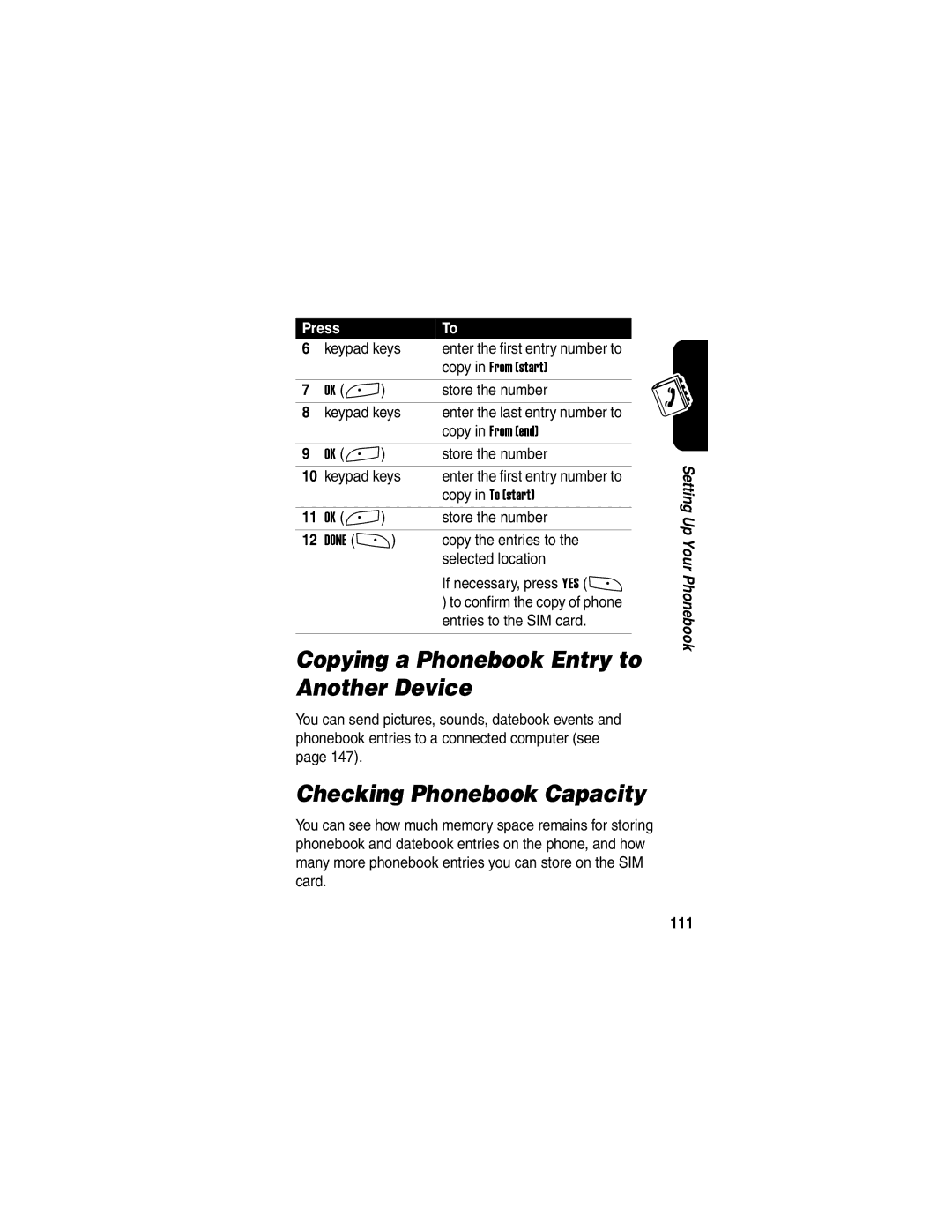 Motorola A845 manual Copying a Phonebook Entry to Another Device, Checking Phonebook Capacity, Copy the entries to, 111 