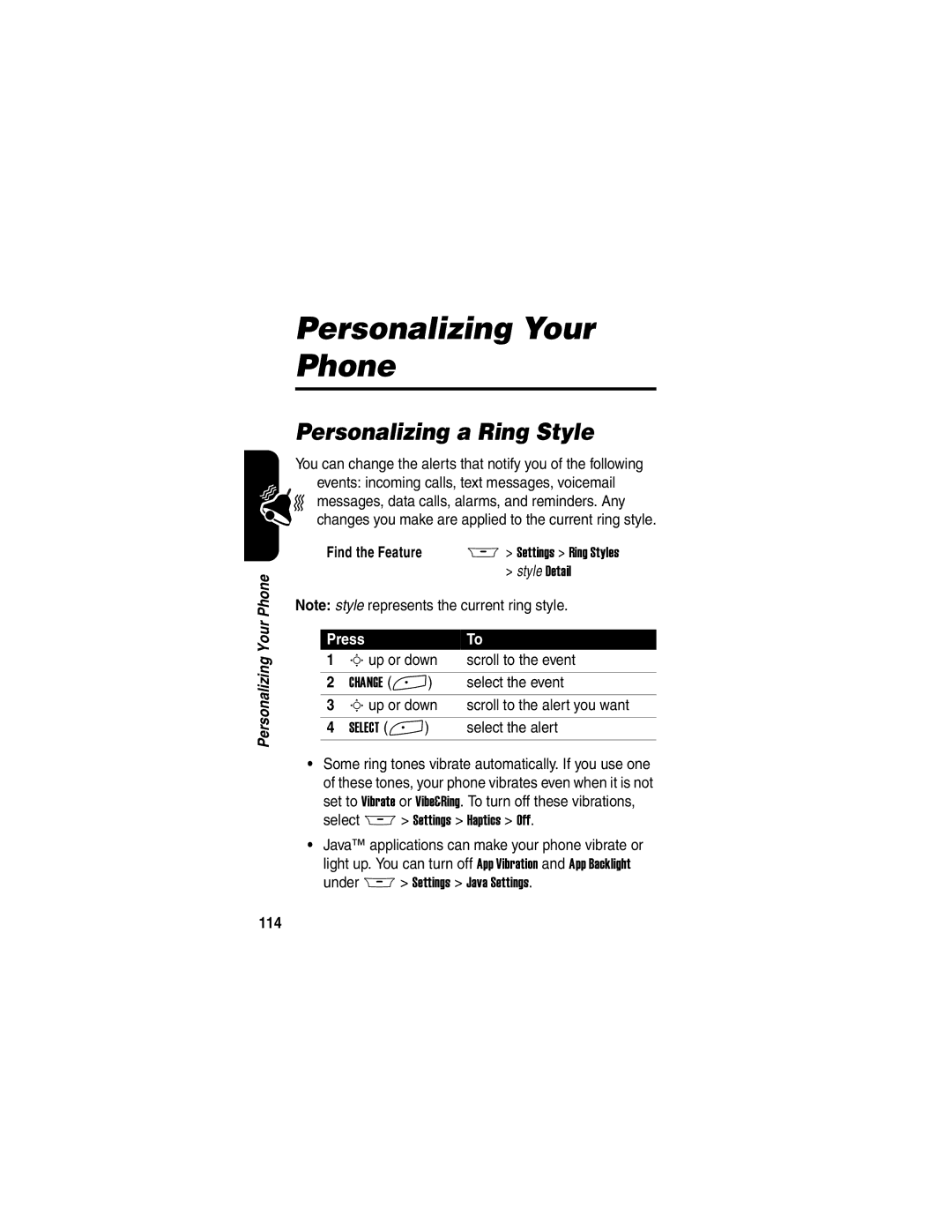 Motorola A845 manual Personalizing Your Phone, Personalizing a Ring Style, 114 