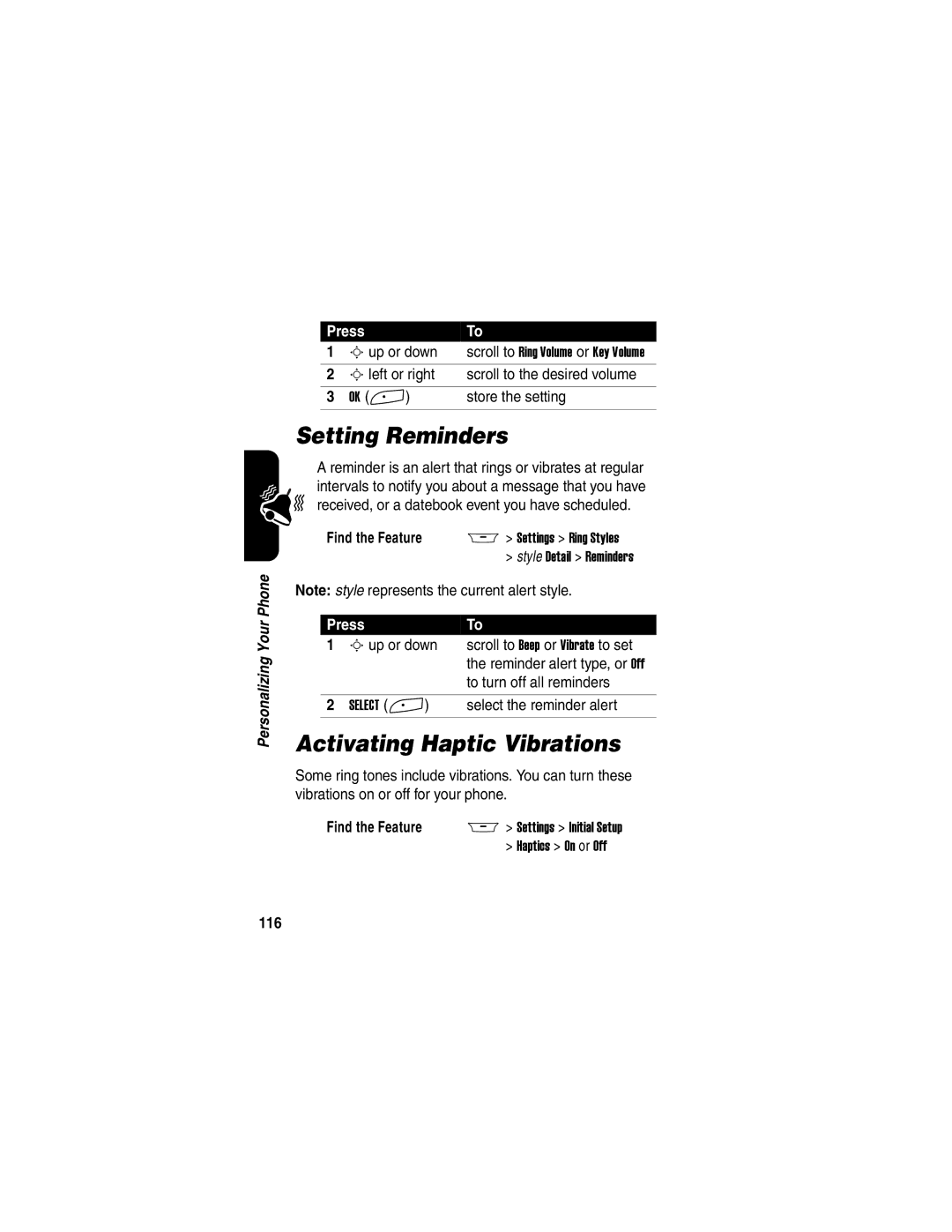 Motorola A845 manual Setting Reminders, Activating Haptic Vibrations, 116 