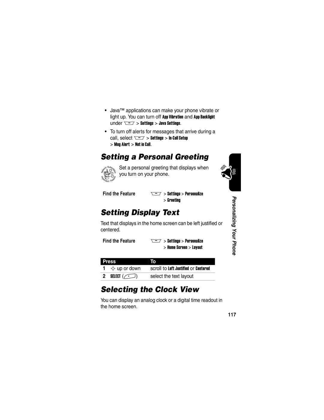 Motorola A845 Setting a Personal Greeting, Setting Display Text, Selecting the Clock View, Select the text layout, 117 