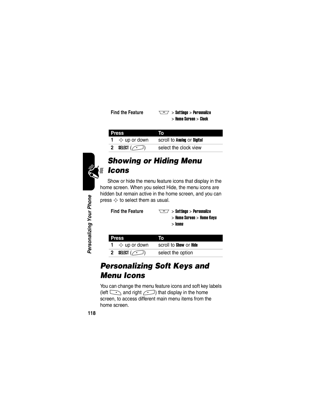 Motorola A845 manual Showing or Hiding Menu Icons, Personalizing Soft Keys and Menu Icons, Select the clock view, 118 