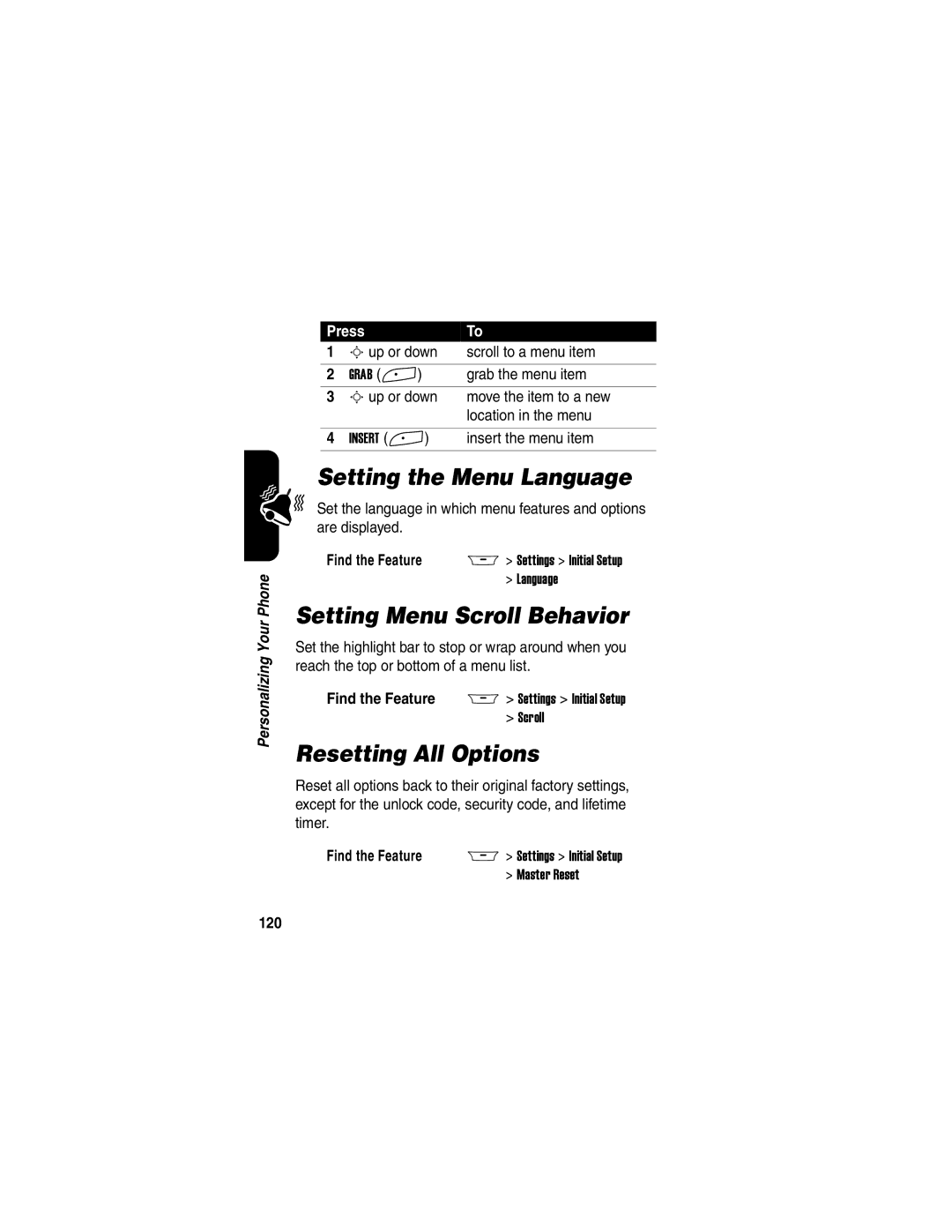 Motorola A845 manual Setting the Menu Language, Setting Menu Scroll Behavior, Resetting All Options, 120 