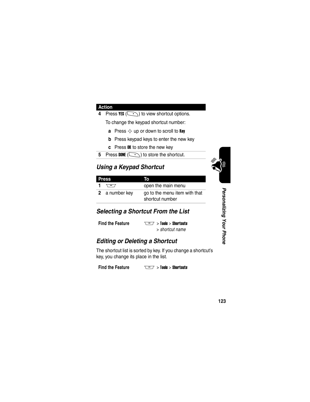 Motorola A845 manual Using a Keypad Shortcut, Selecting a Shortcut From the List, Editing or Deleting a Shortcut, 123 