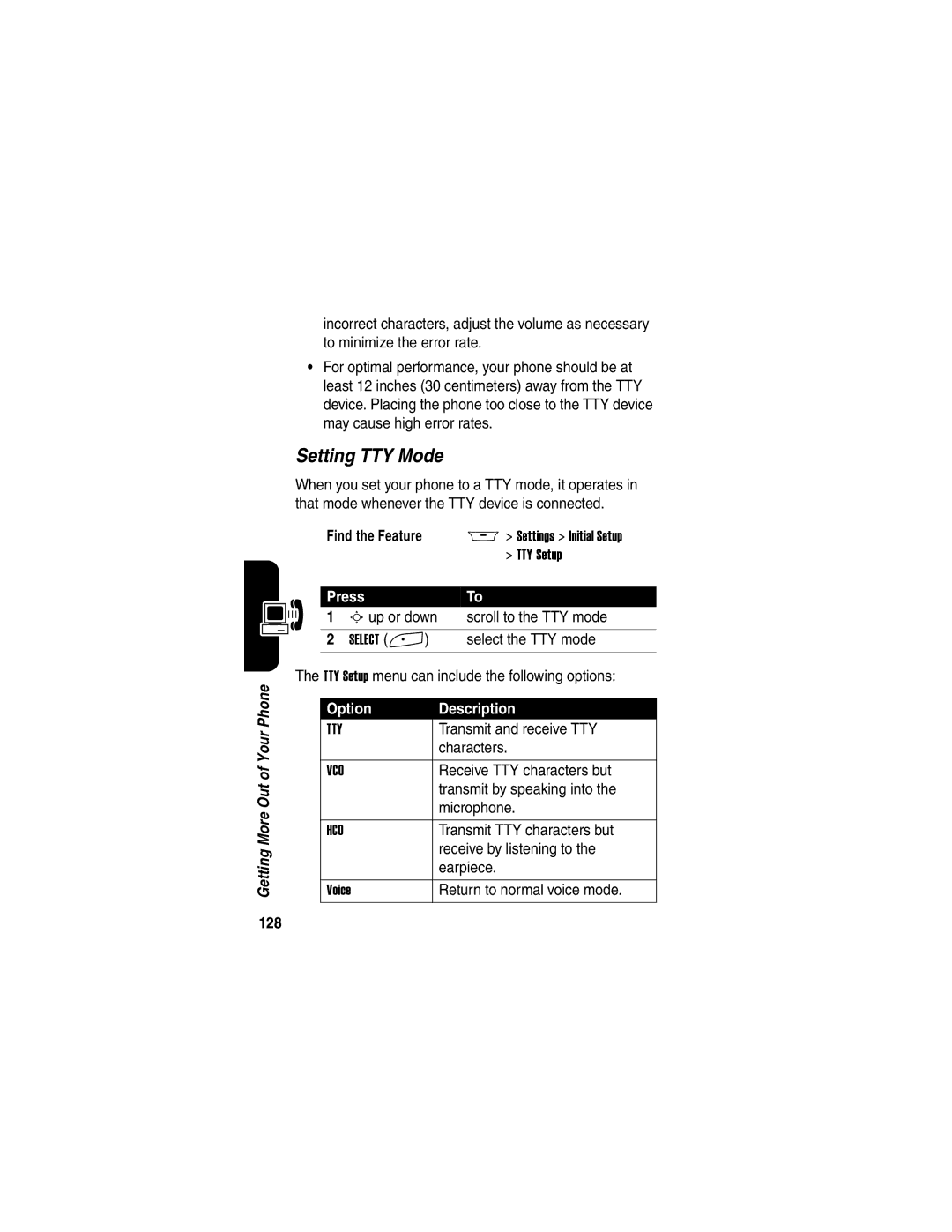 Motorola A845 manual Setting TTY Mode, 128 