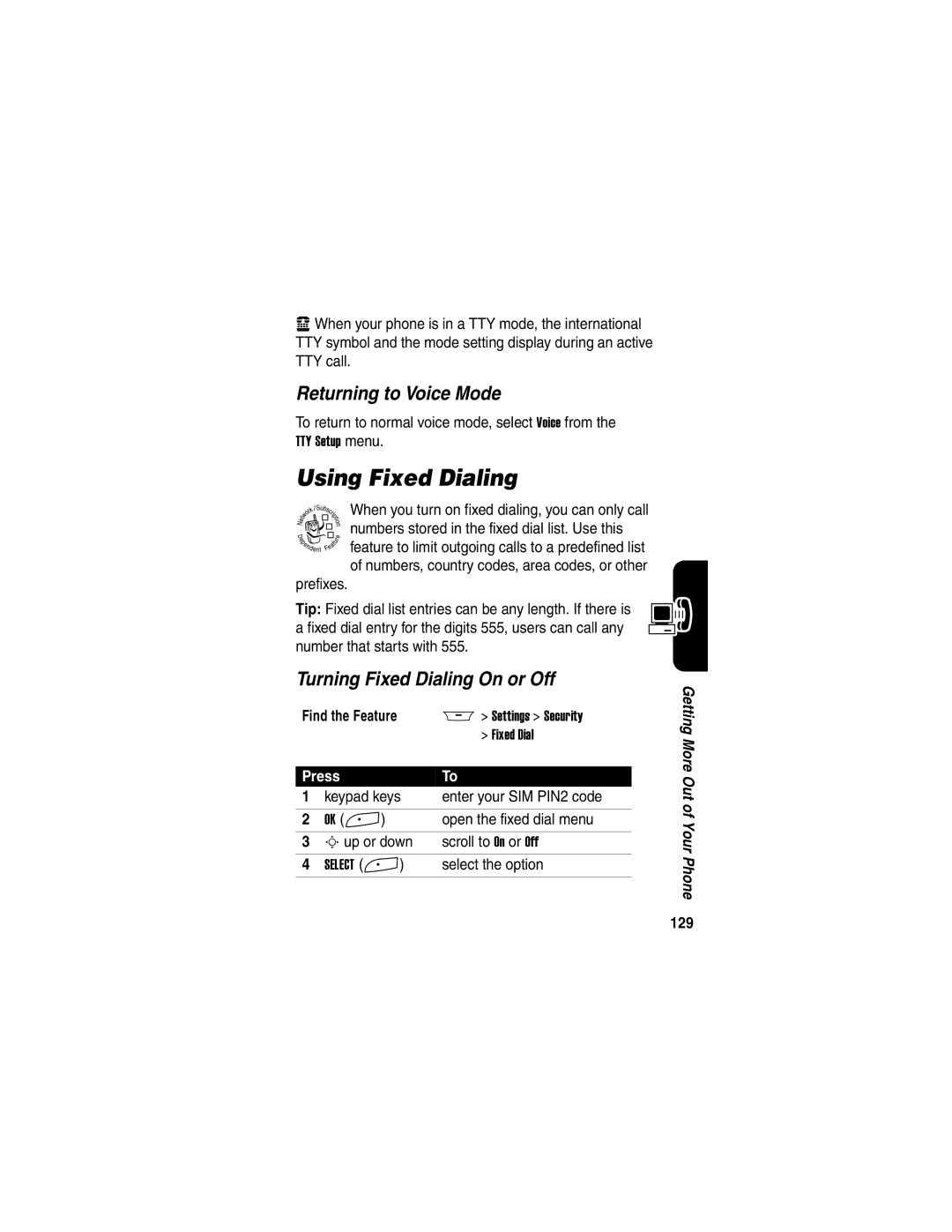 Motorola A845 manual Using Fixed Dialing, Returning to Voice Mode, Turning Fixed Dialing On or Off, 129 