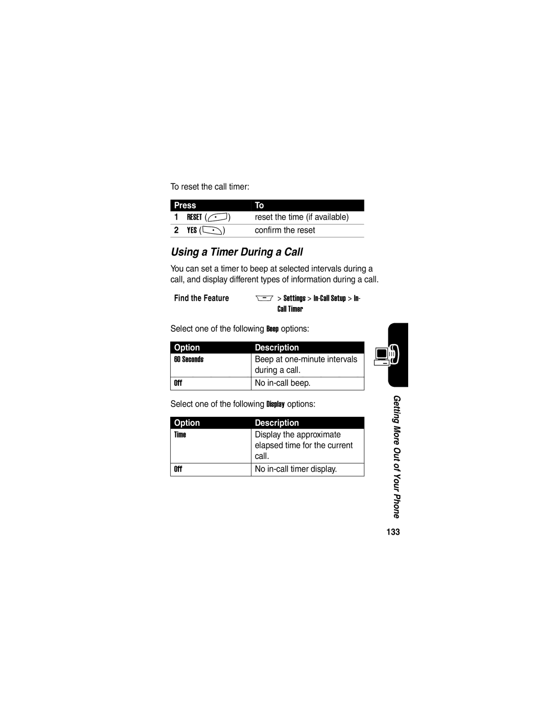 Motorola A845 manual Using a Timer During a Call, 133 