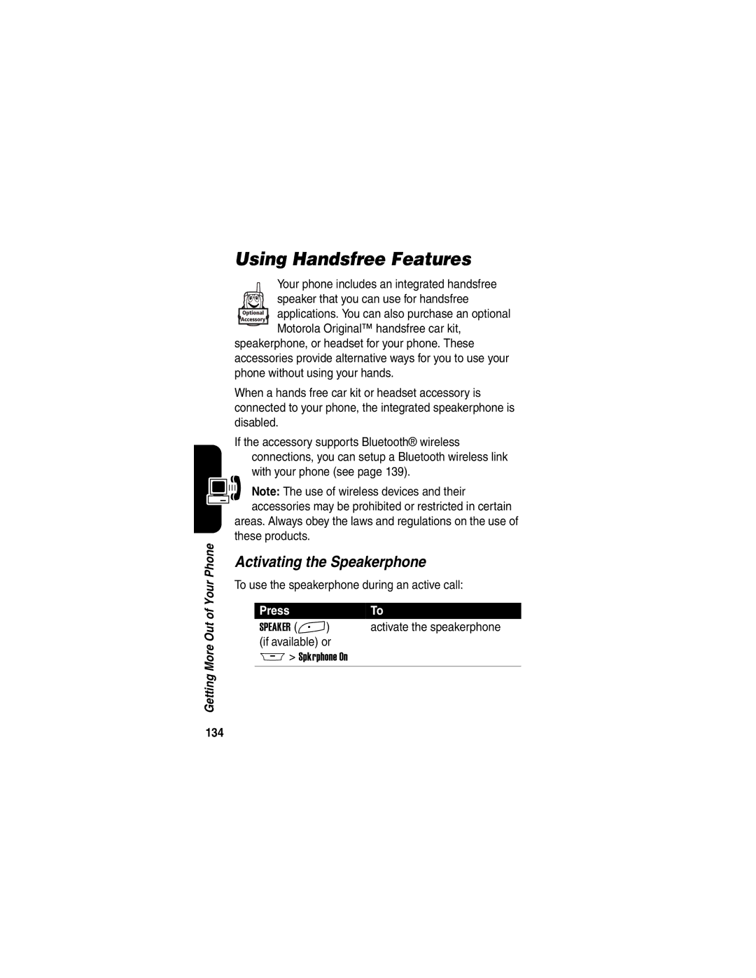 Motorola A845 manual Using Handsfree Features, Activating the Speakerphone, 134 