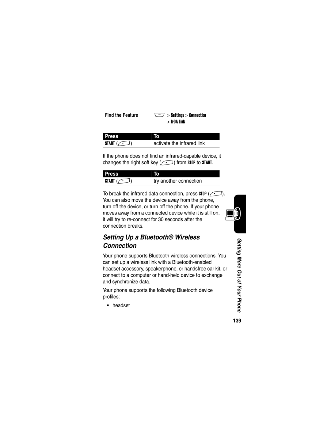 Motorola A845 manual Setting Up a Bluetooth Wireless Connection, Activate the infrared link, Try another connection, 139 