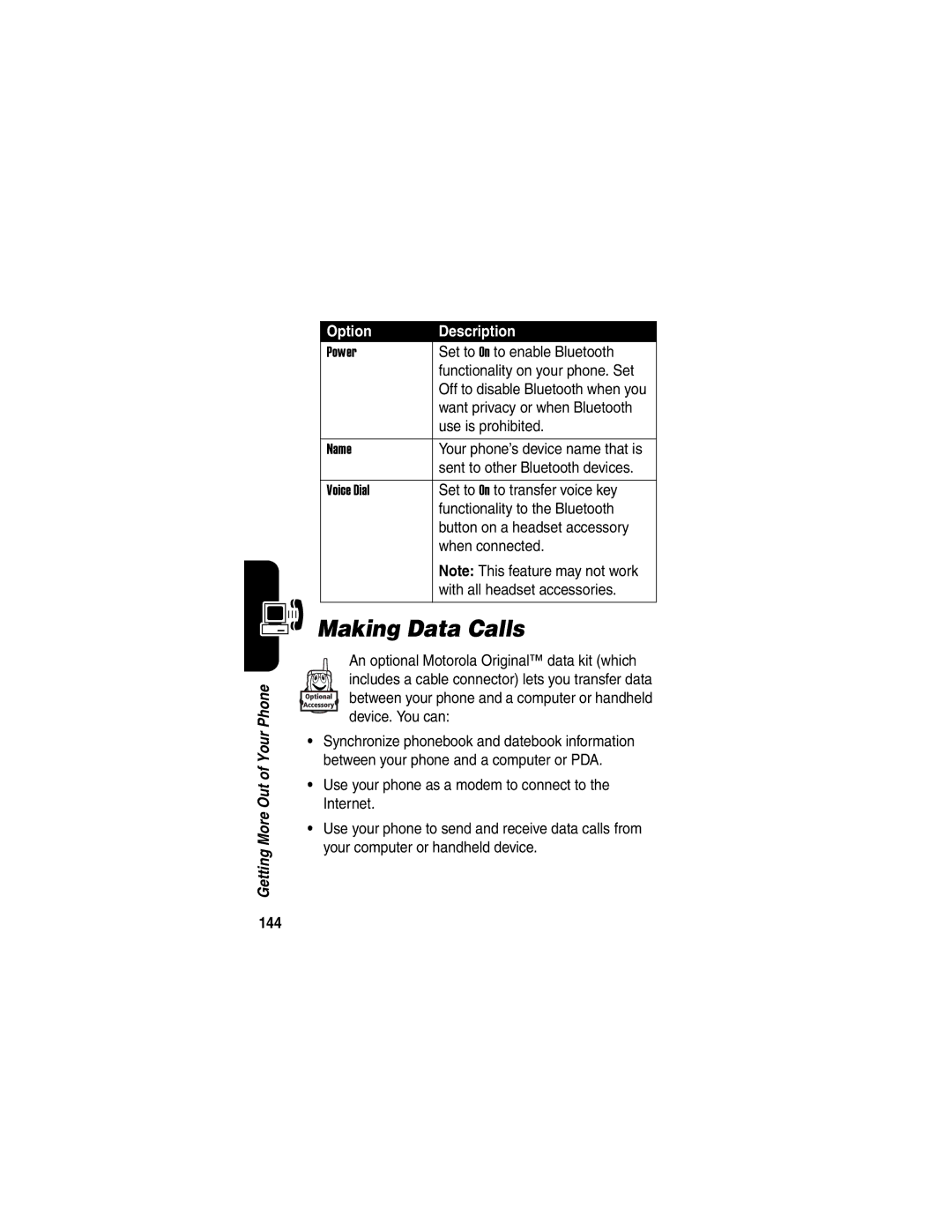 Motorola A845 manual Making Data Calls, 144 