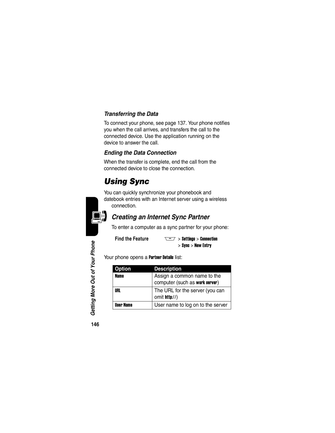 Motorola A845 manual Using Sync, Creating an Internet Sync Partner, Transferring the Data, Ending the Data Connection, 146 