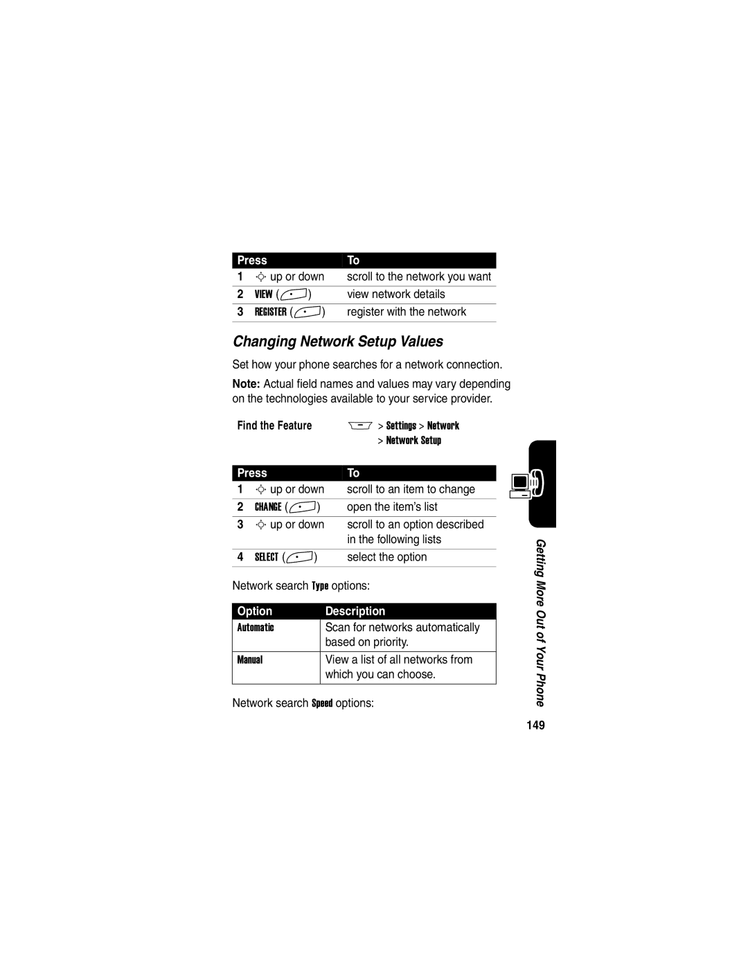 Motorola A845 manual Changing Network Setup Values, 149 