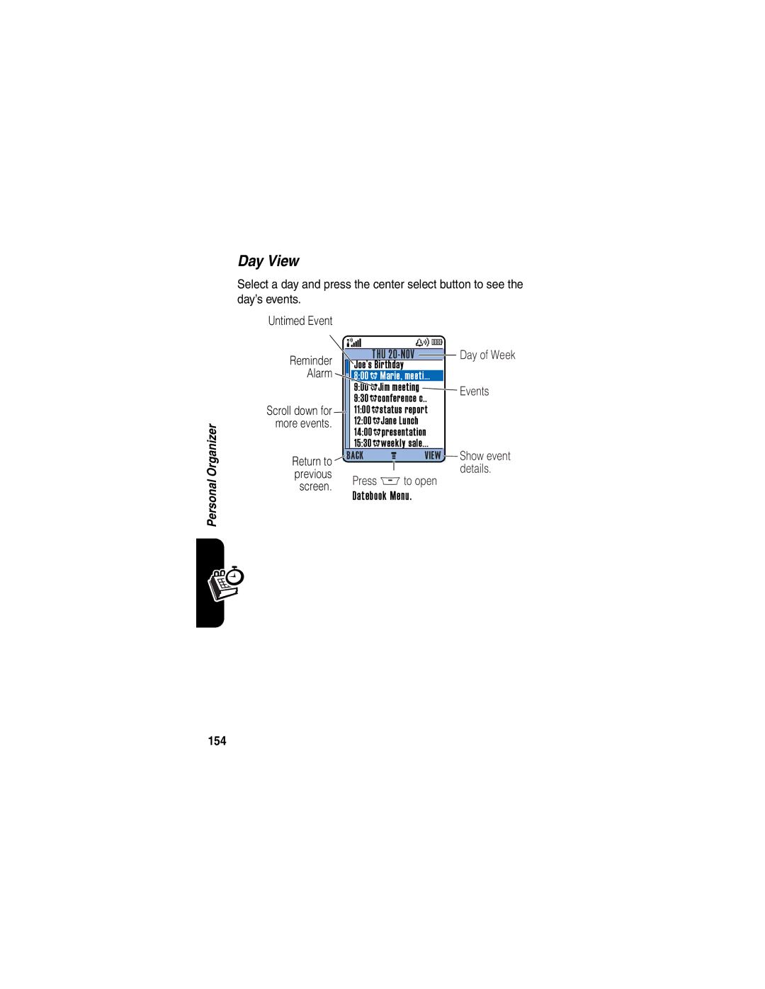 Motorola A845 manual Day View, Alarm, Return to, Previous Press Mto open Screen, 154 