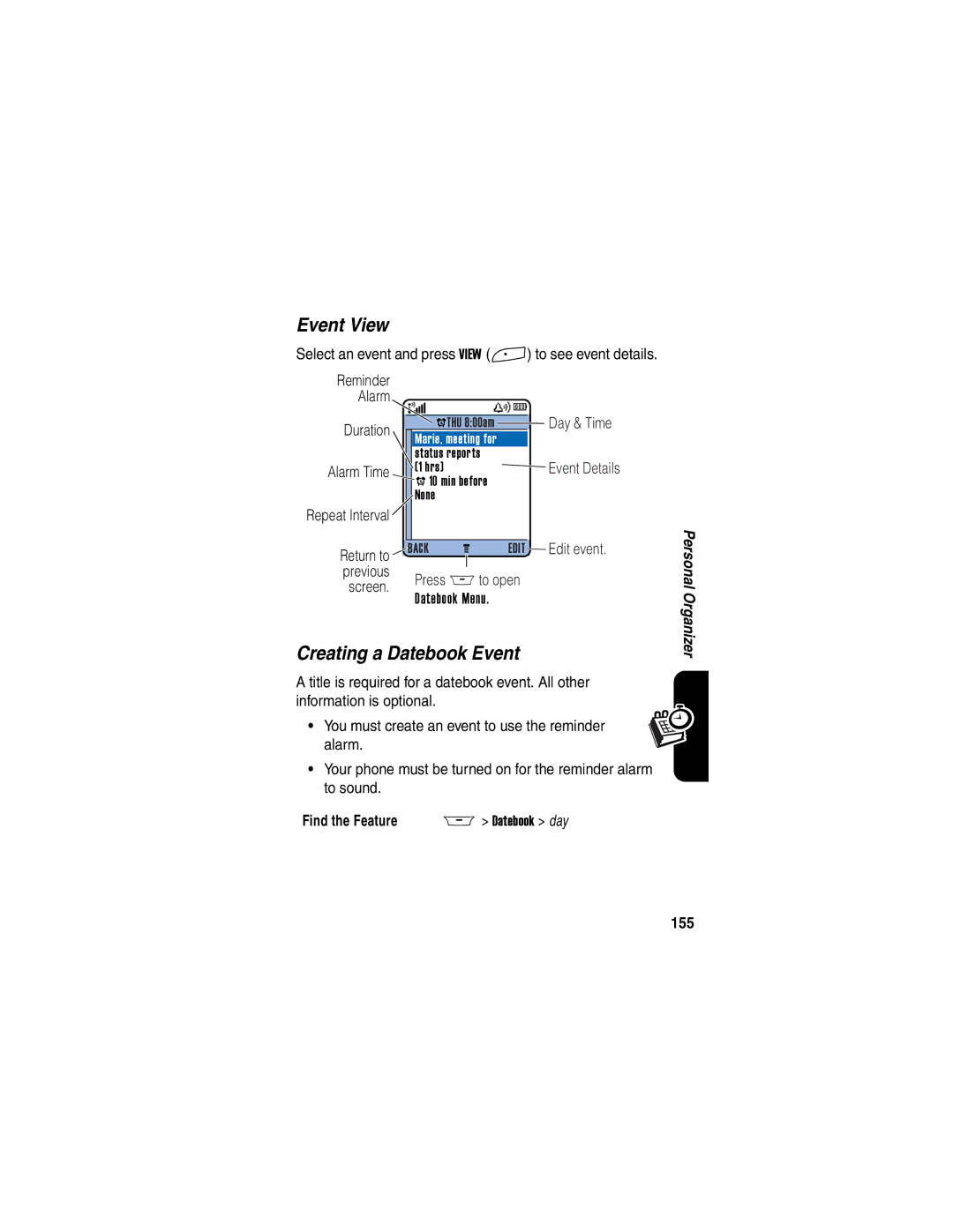 Motorola A845 manual Event View, Creating a Datebook Event, 155 