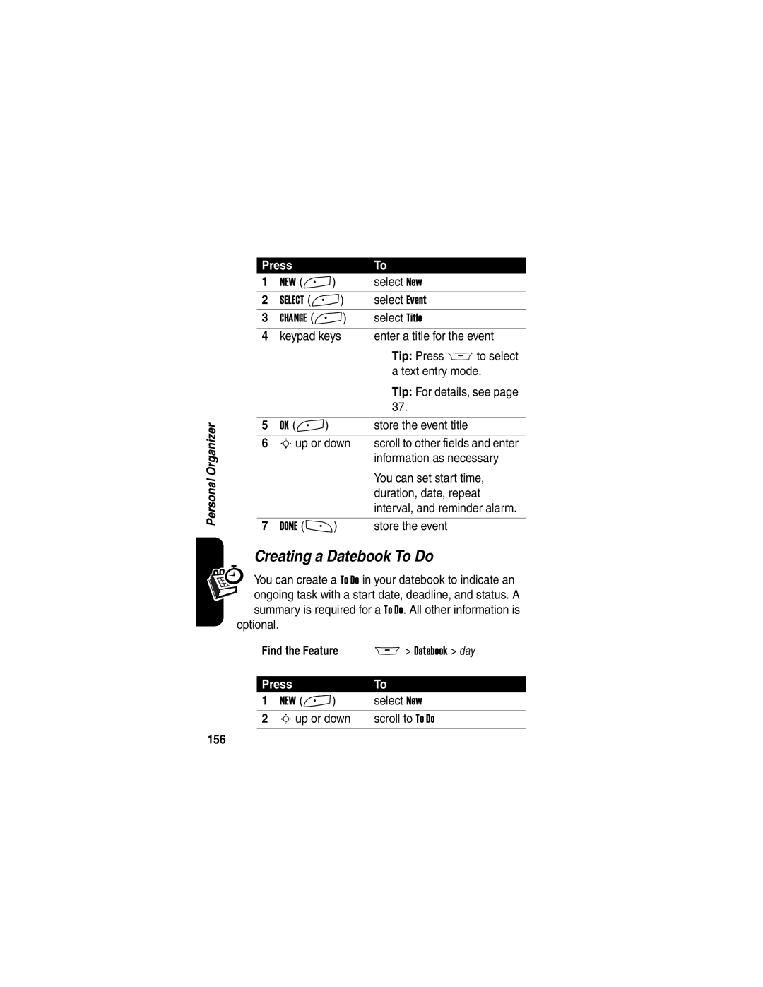 Motorola A845 manual Creating a Datebook To Do, 156 