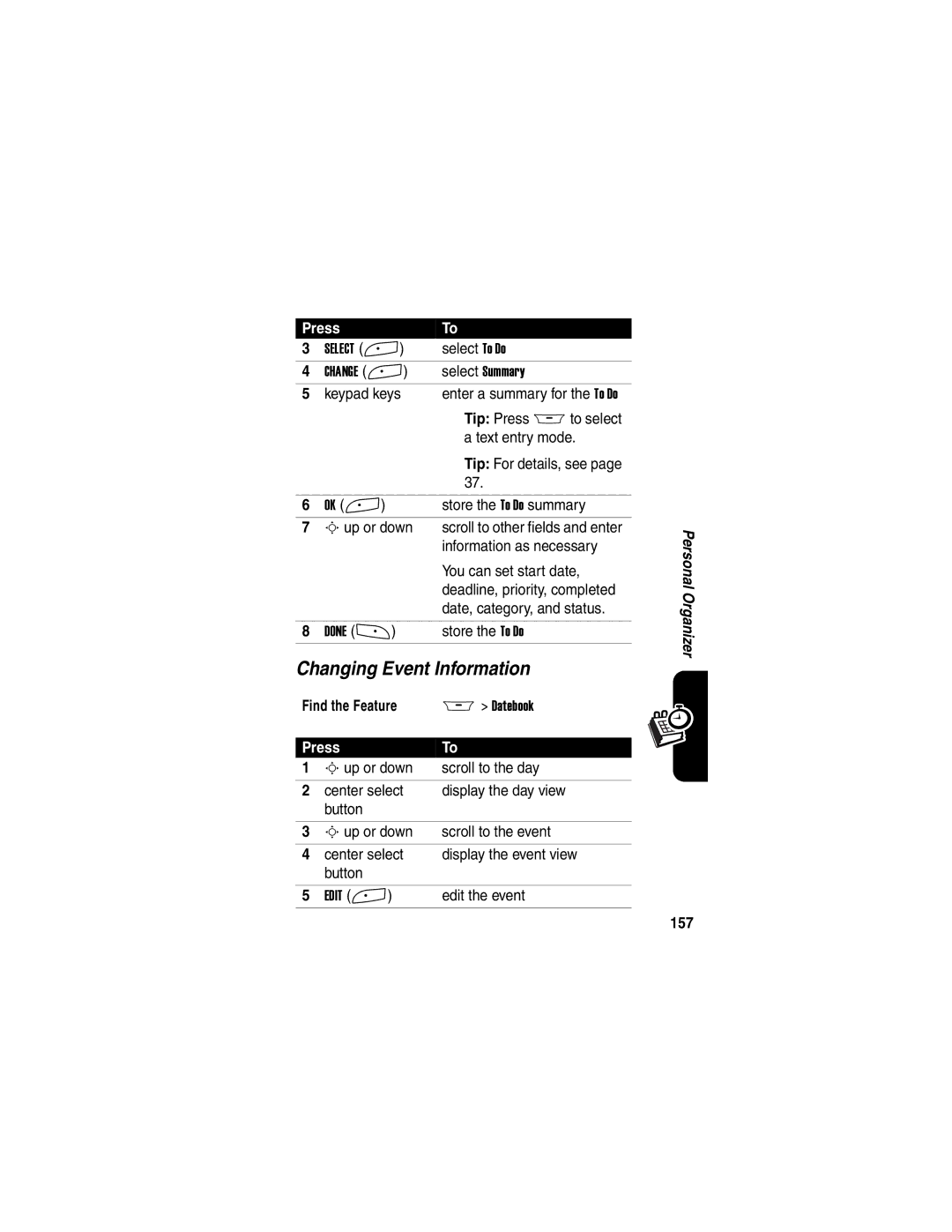 Motorola A845 manual Changing Event Information, 157 