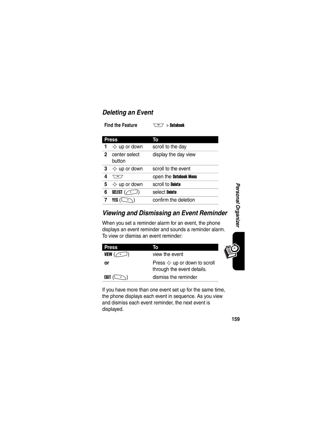 Motorola A845 manual Deleting an Event, 159 