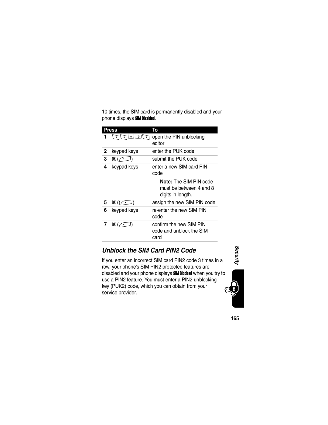 Motorola A845 manual Unblock the SIM Card PIN2 Code, 165 