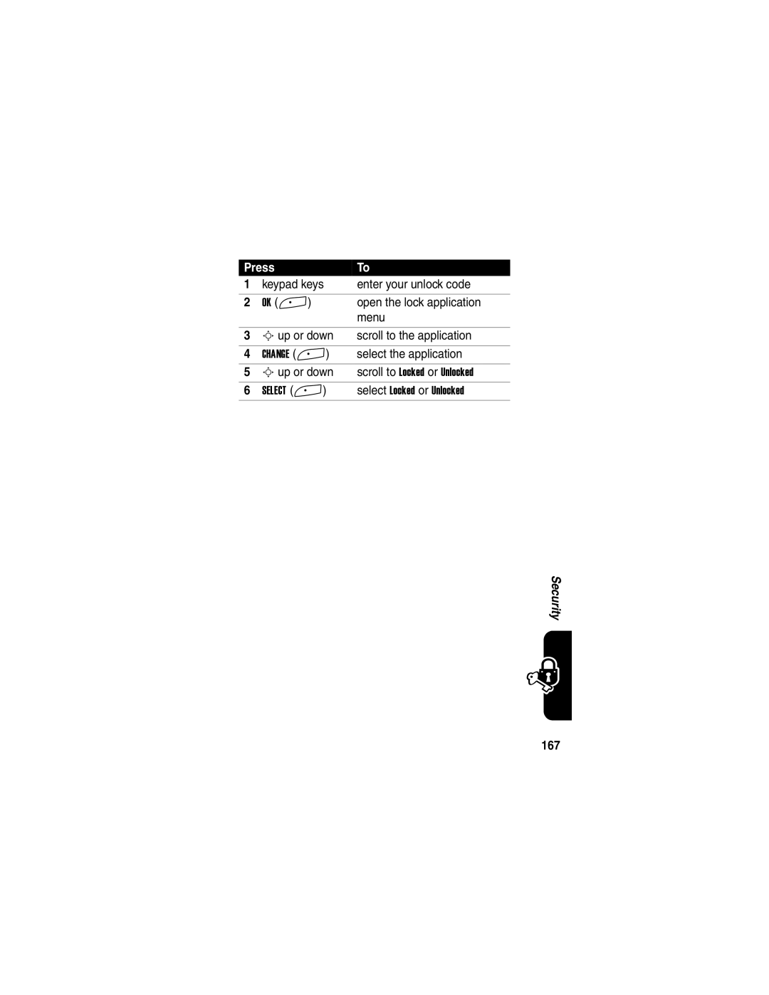 Motorola A845 manual Open the lock application, Sup or down Scroll to the application, Select the application, 167 