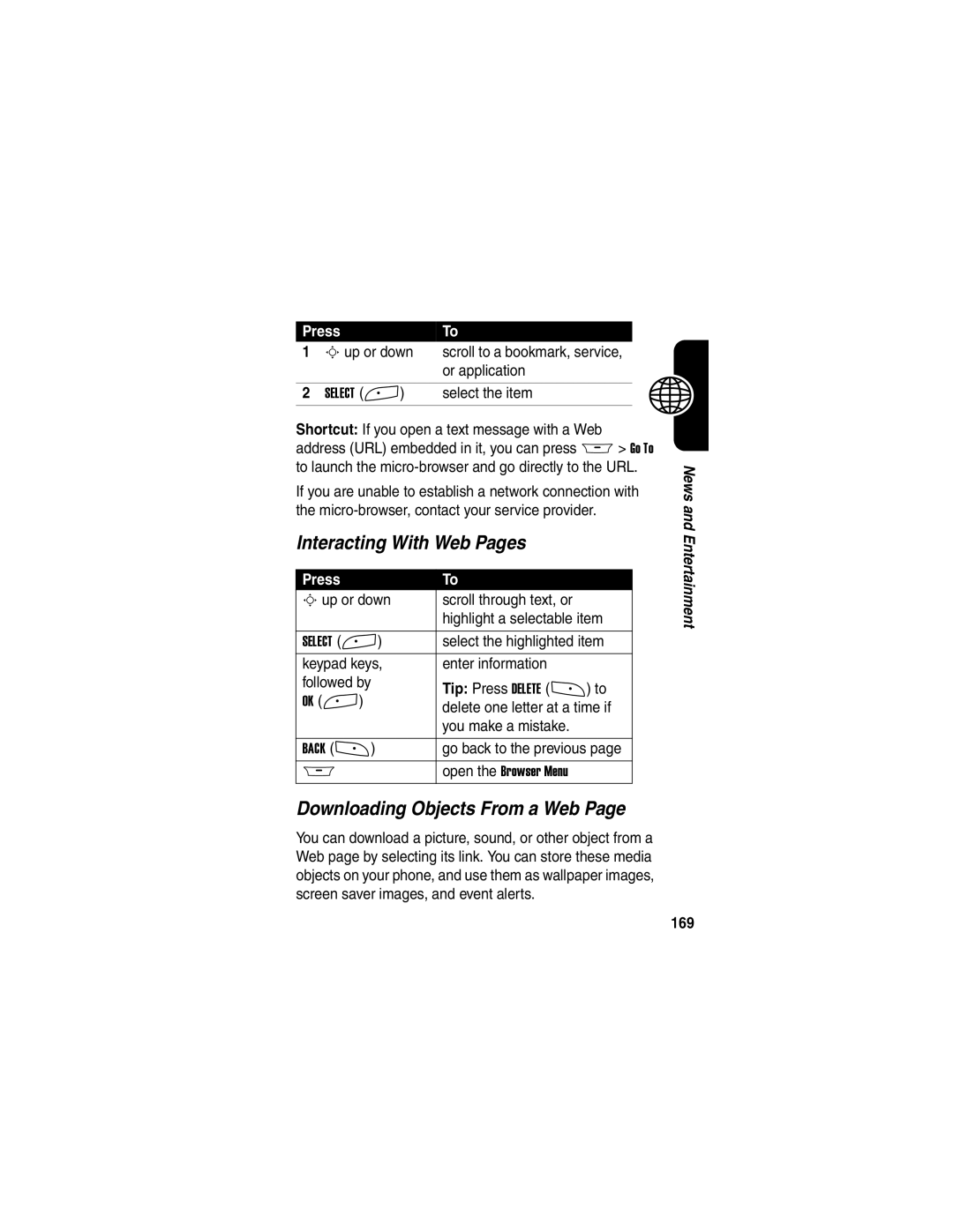 Motorola A845 manual Interacting With Web Pages, Downloading Objects From a Web, 169 