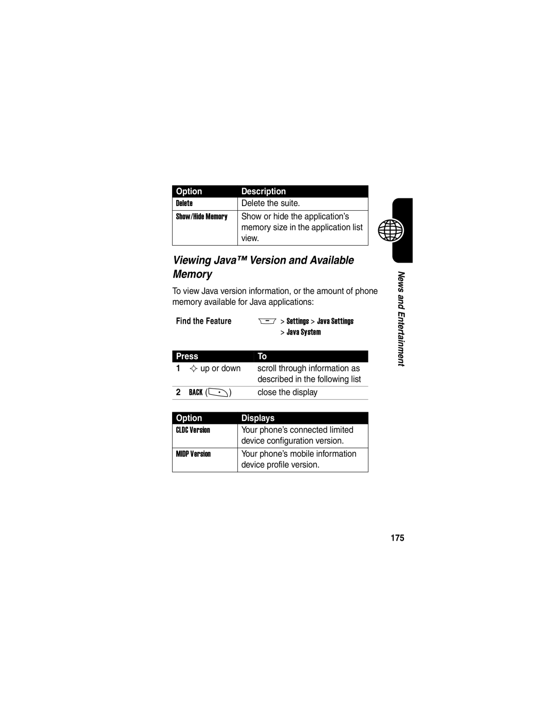 Motorola A845 manual Viewing Java Version and Available Memory, Option Displays, 175 