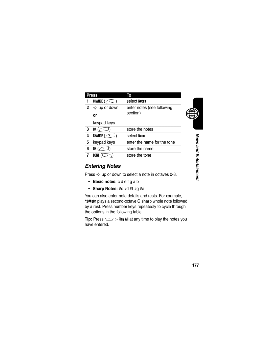 Motorola A845 manual Entering Notes, Basic notes c d e f g a b, 177 