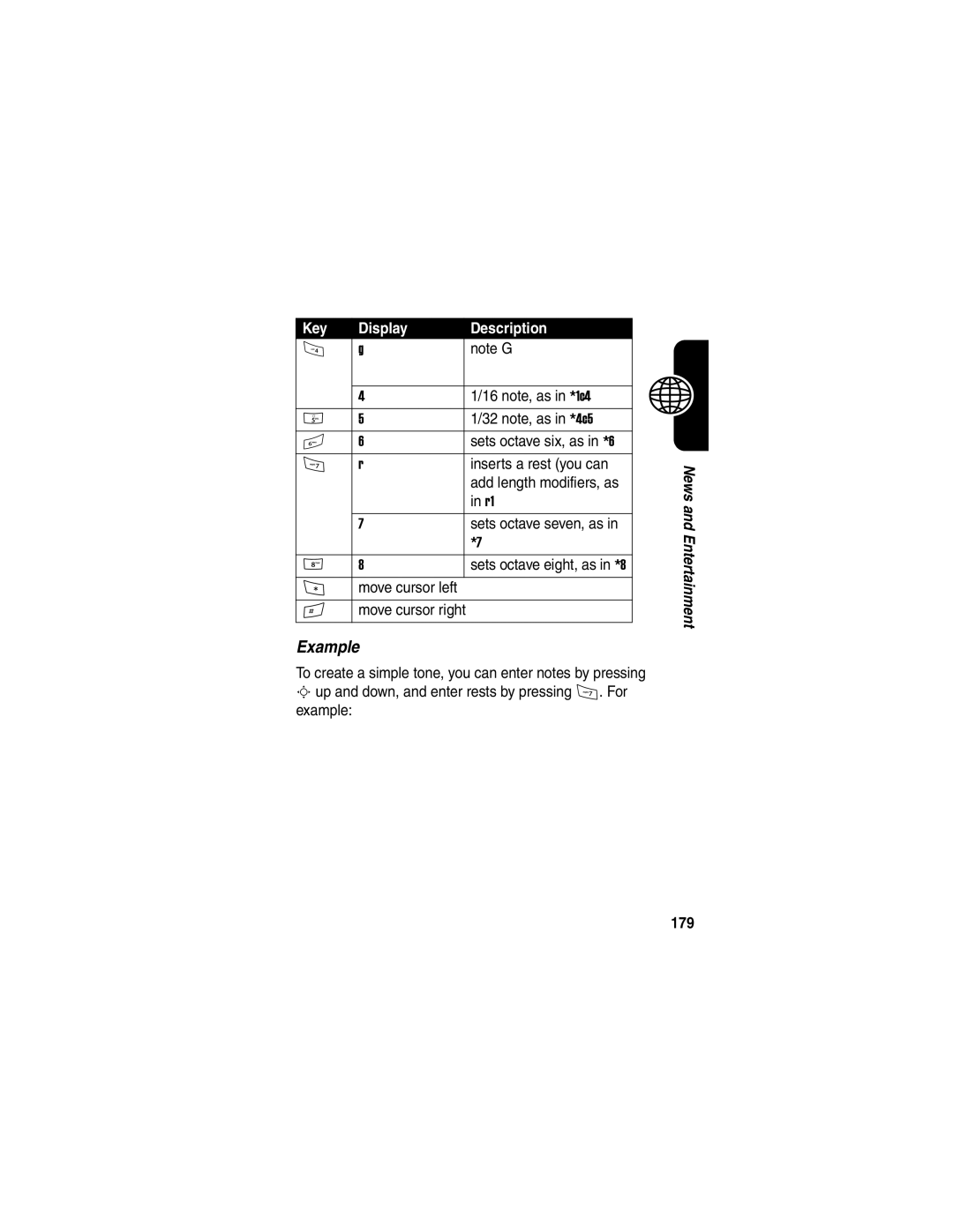 Motorola A845 Example, Sets octave six, as in *6 Inserts a rest you can, Add length modifiers, as Sets octave seven, as 