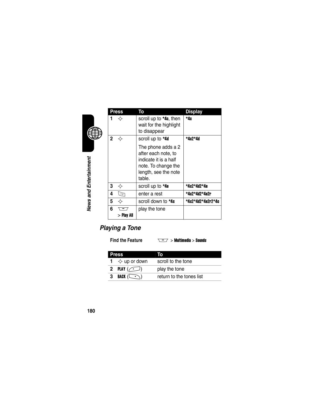 Motorola A845 manual Playing a Tone, Press Display, 180 