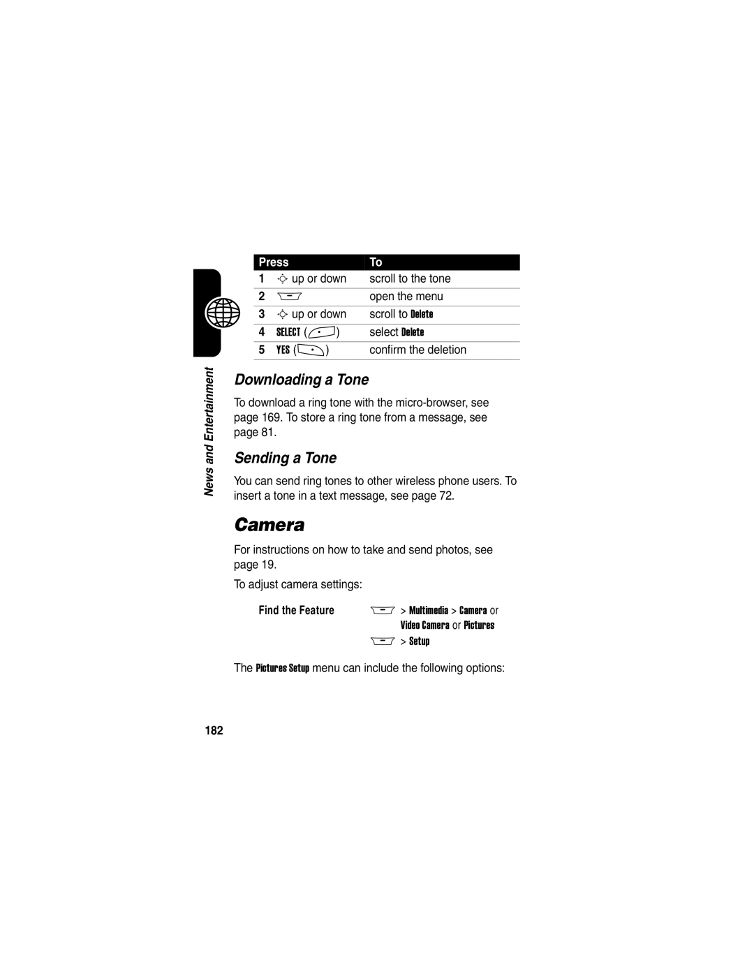 Motorola A845 manual Camera, Downloading a Tone, Sending a Tone, Pictures Setup menu can include the following options, 182 