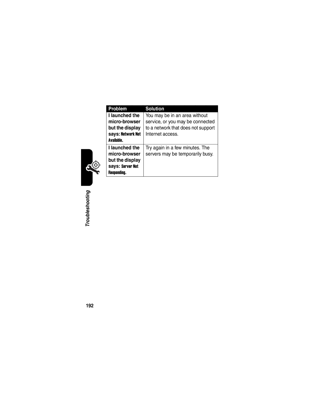 Motorola A845 manual You may be in an area without, Internet access, Try again in a few minutes, 192 