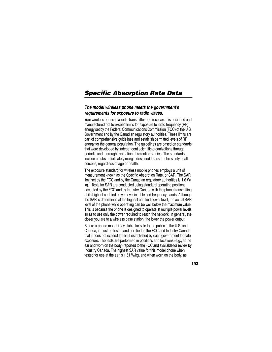 Motorola A845 manual Specific Absorption Rate Data, 193 