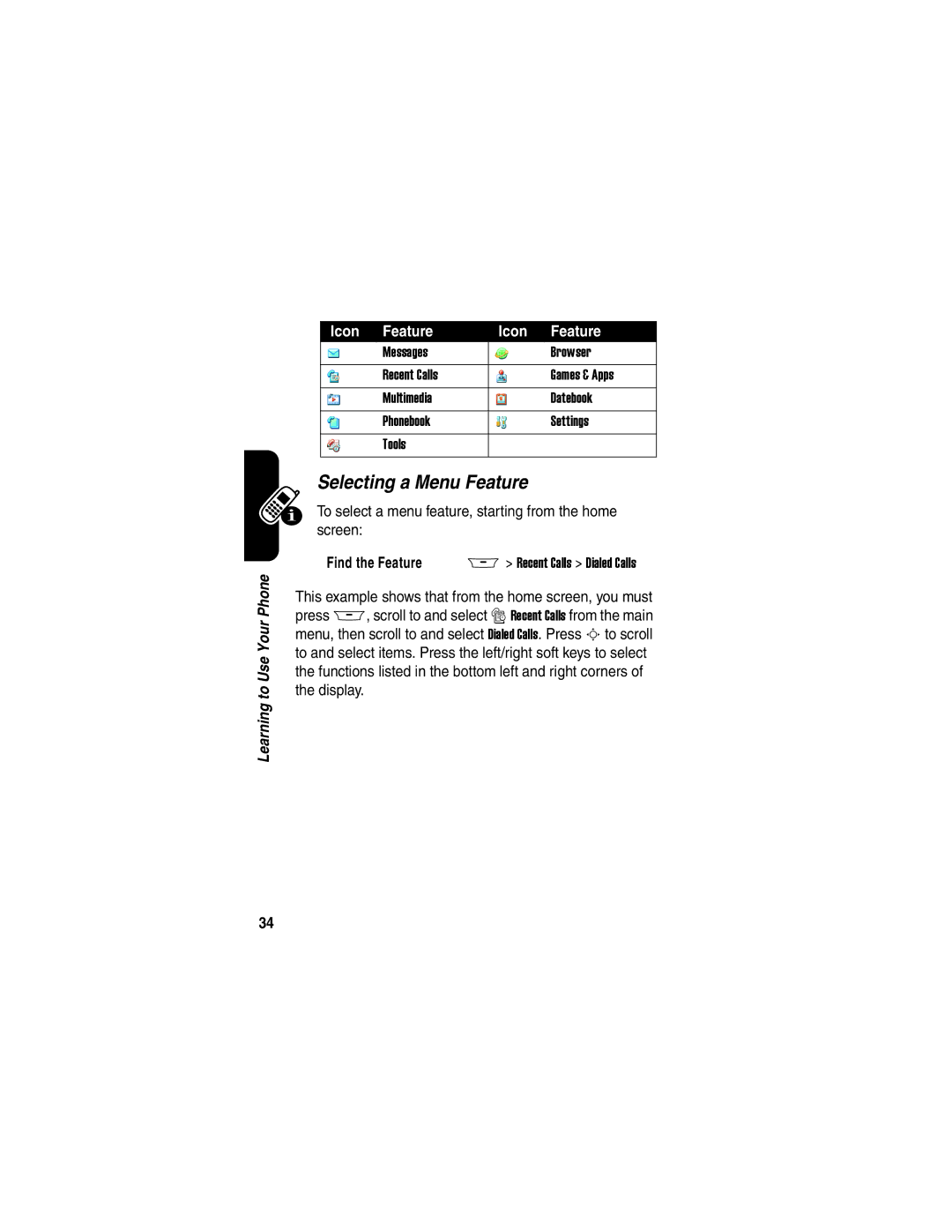 Motorola A845 manual Selecting a Menu Feature, Icon Feature, To select a menu feature, starting from the home screen 