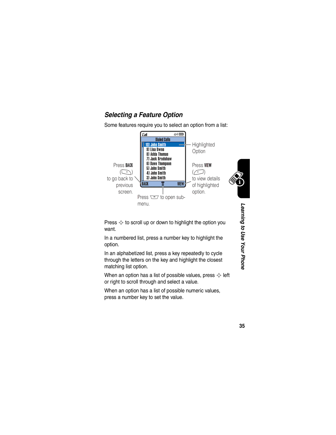 Motorola A845 manual Selecting a Feature Option 